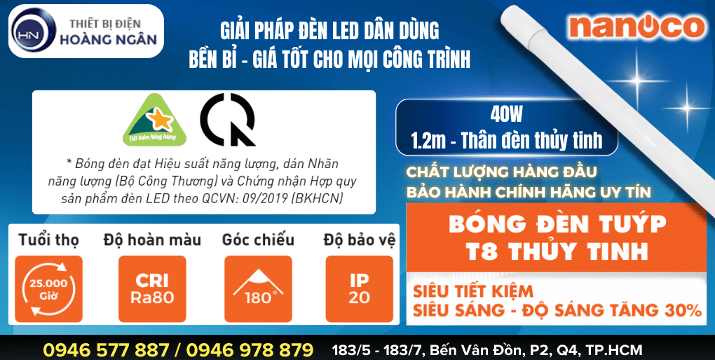 Đèn Tuýp LED 1m2 T8 Thủy Tinh Nanoco Mới 2024 