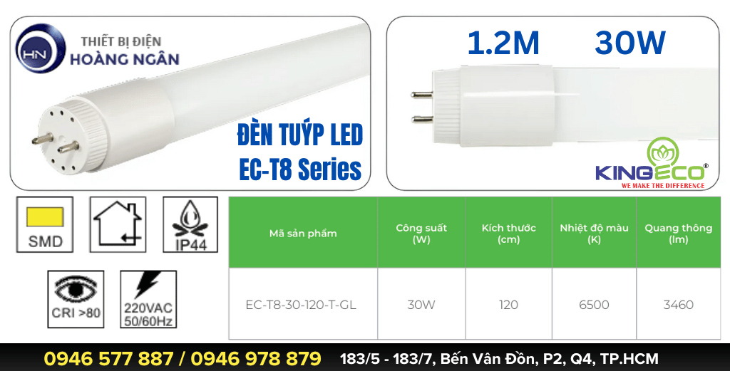 Đèn Tuýp LED 1m2 Thủy Tinh EC-T8 KingEco