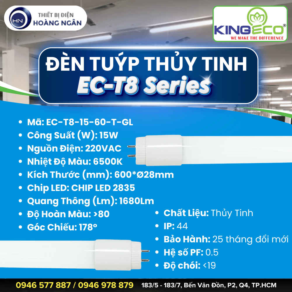 Đèn Tuýp LED 1m2 Thủy Tinh EC-T8 KingEco