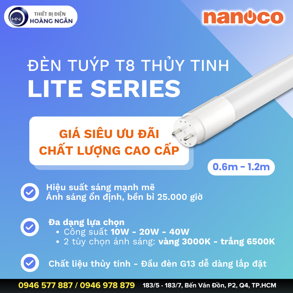Đèn Tuýp LED T8 Thủy Tinh Nanoco Lite Series