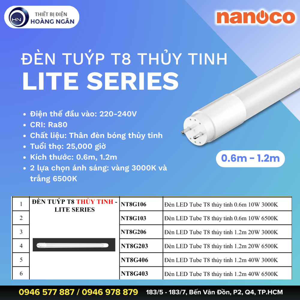 Đèn Tuýp LED T8 Thủy Tinh Nanoco Lite Series