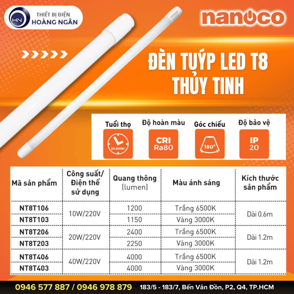 Đèn Tuýp T8 Thủy Tinh Nanoco