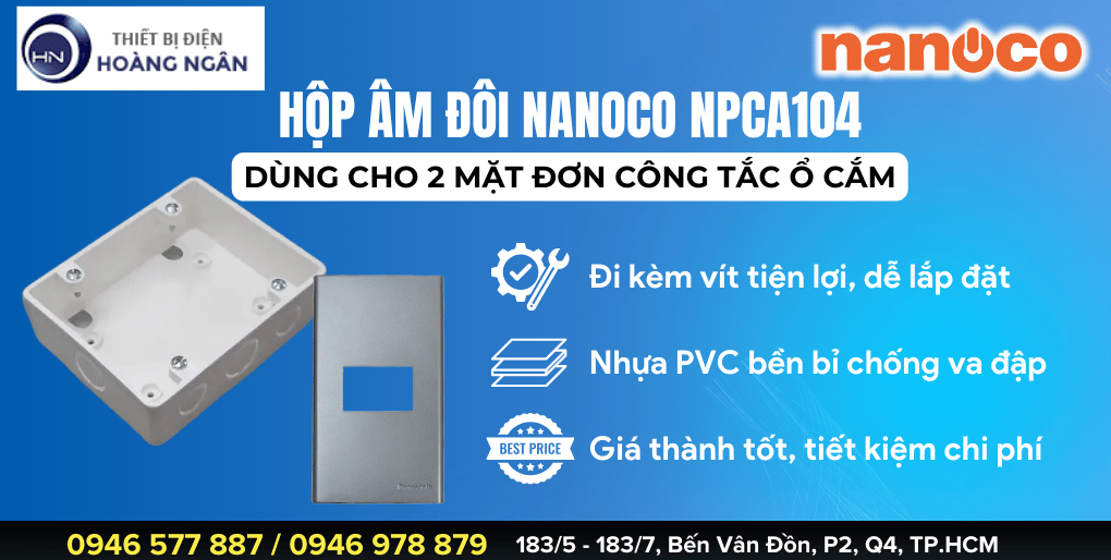 Hộp âm đôi Nanoco NPCA104 được thiết kế nhỏ gọn, chắc chắn, phù hợp để lắp đặt với các mặt đơn cao cấp của Panasonic. Sản phẩm làm từ nhựa PV chống cháy, chống giật, chịu lực tốt, giúp đảm bảo an toàn và tăng độ bền cho các thiết bị điện. Với gam màu trắng tinh tế, nắp đậy vừa vặn, hộp âm Nanoco không chỉ giúp sắp xếp dây điện gọn gàng mà còn tạo tính thẩm mỹ cao cho không gian lắp đặt.