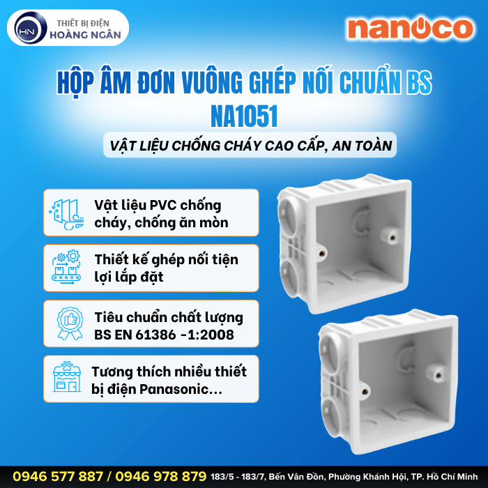 Hộp Âm Đơn Vuông Ghép Nối Chống Cháy Chuẩn BS Nanoco NA1051