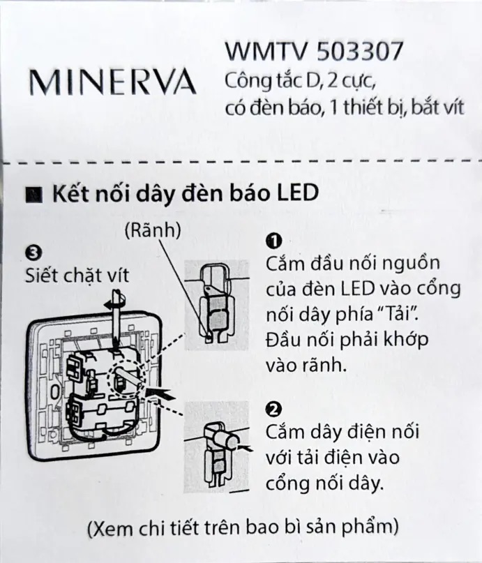 Bộ 1 công tắc D, bắt vít, có đèn báo 250V - 20A Minerva Panasonic