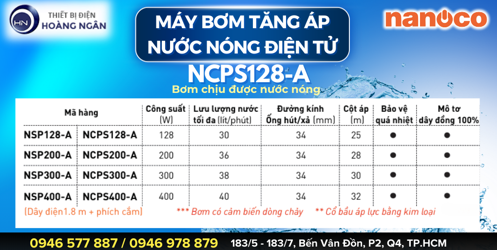 Máy Bơm Tăng Áp Nước Nóng Điện Tử Nanoco NSP128-A, công suất 128W,