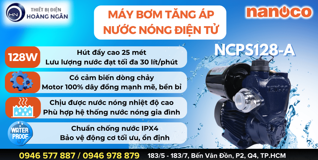 Máy Bơm Tăng Áp Nước Nóng Điện Tử Nanoco NSP128-A, công suất 128W,
