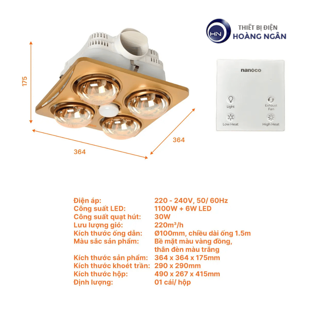 Đèn Sưởi Âm Trần 4 Bóng Nanoco NBHR401G