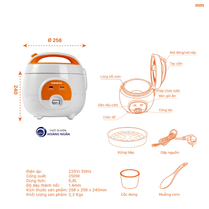 Nồi Cơm Điện Mini NRC0801W Nanoco 250W - 0.8L