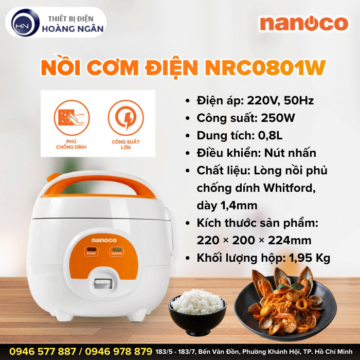 Nồi Cơm Điện Mini NRC0801W Nanoco dung tích 0.8L