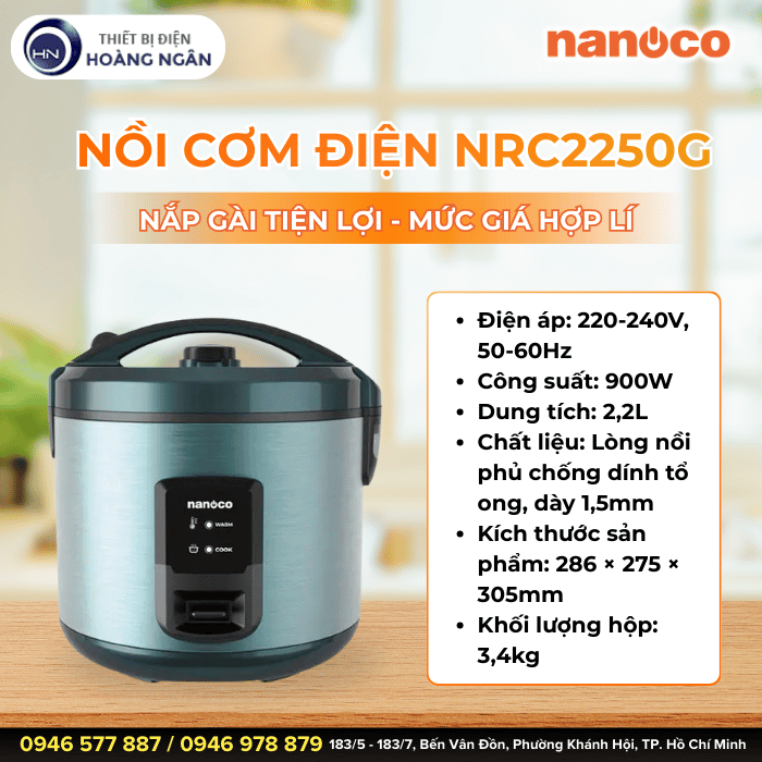 Nồi Cơm Điện Nắp Gài NRC2250G Nanoco 900W - 2.2L