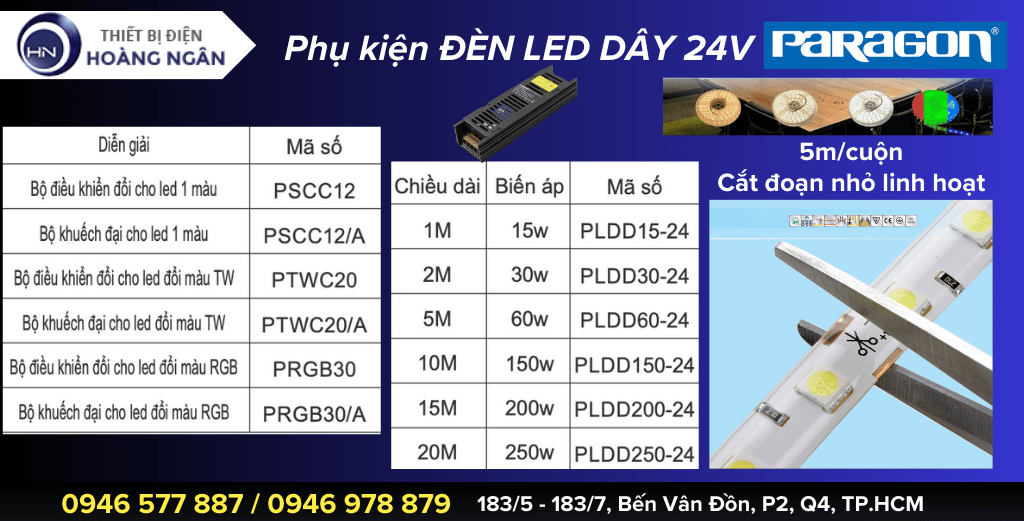 Phụ kiện đèn LED Dây 24V Paragon, đèn LED dây RGB