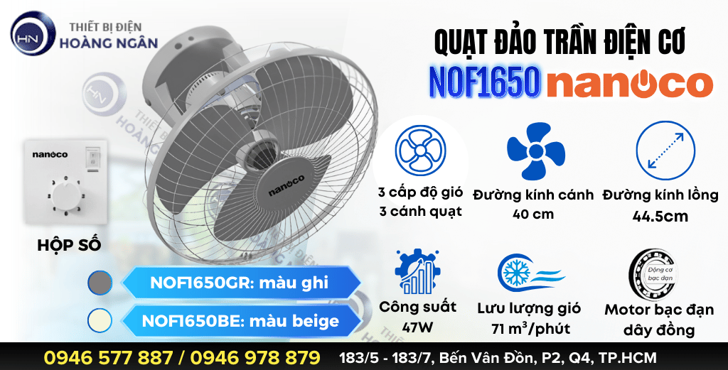 Quạt đảo trần điện cơ Nanoco NOF1650GR, NOF1650BE