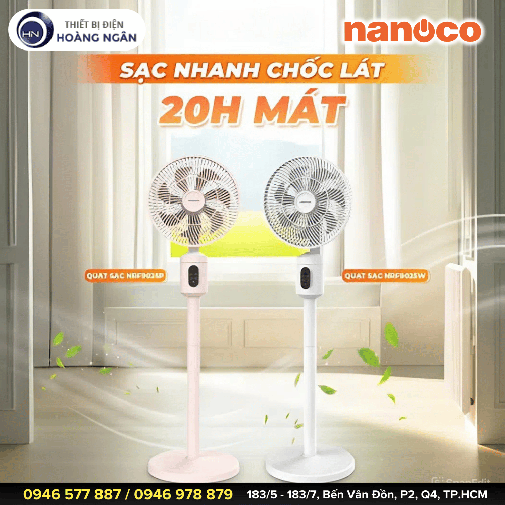 Quạt đứng sạc pin Nanoco NRF9025 trang bị động cơ BLDC