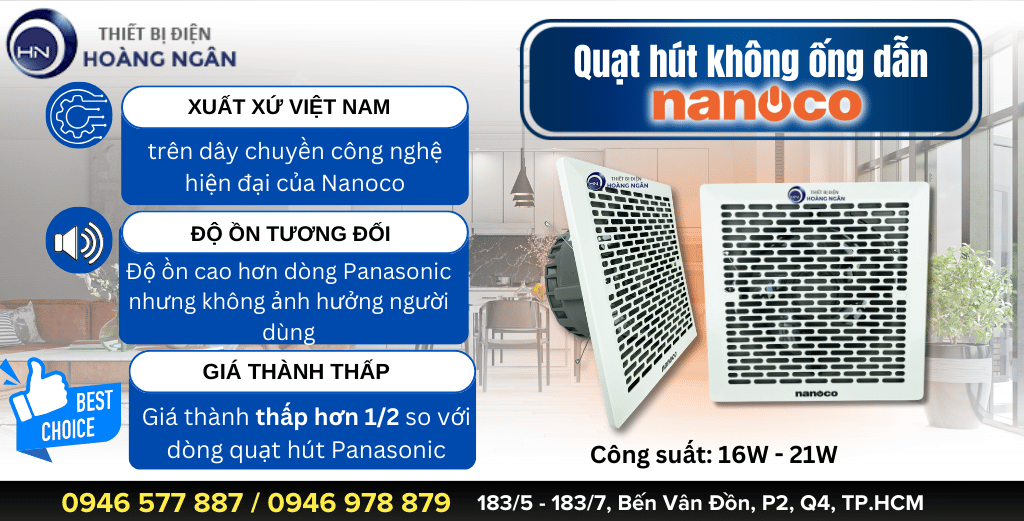 So sánh 2 dòng Quạt Hút Không Dùng Ống Dẫn Panasonic & Nanoco