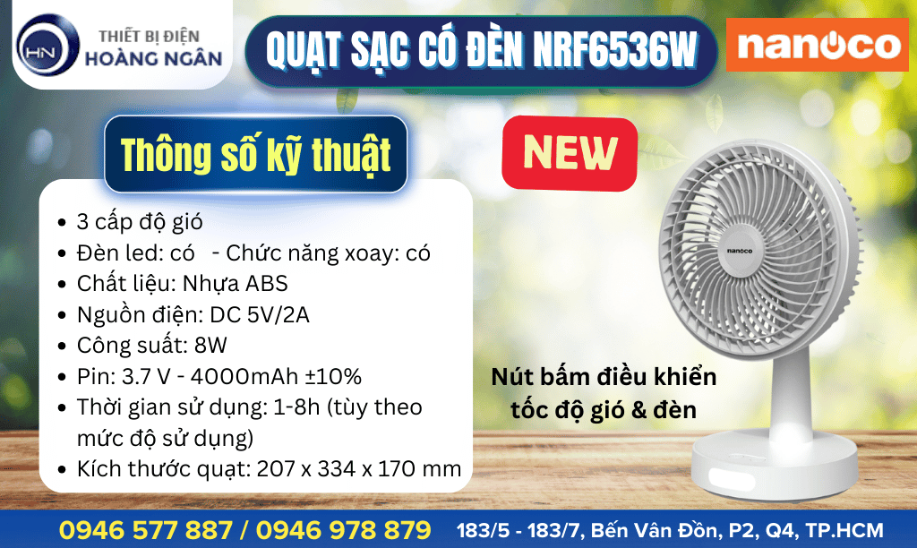 Thông số kỹ thuật Quạt sạc mini có đèn Nanoco NRF6536W