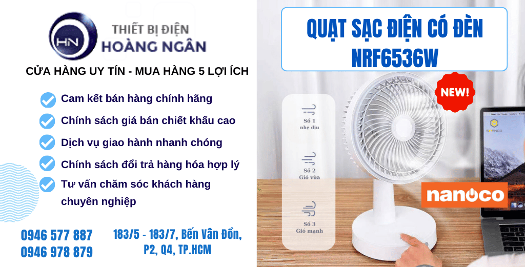 Quạt sạc điện mini có đèn Nanoco NRF6536W - Thiết bị điện Hoàng Ngân