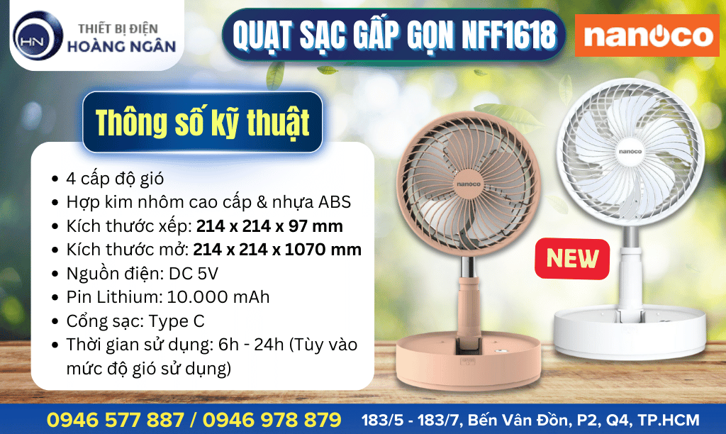 Quạt Sạc Điện Gấp Gọn Nanoco NFF1618