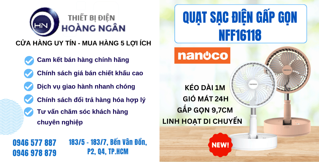 Quạt Sạc Điện Gấp Gọn Nanoco NFF1618 - Thiết bị điện Hoàng Ngân