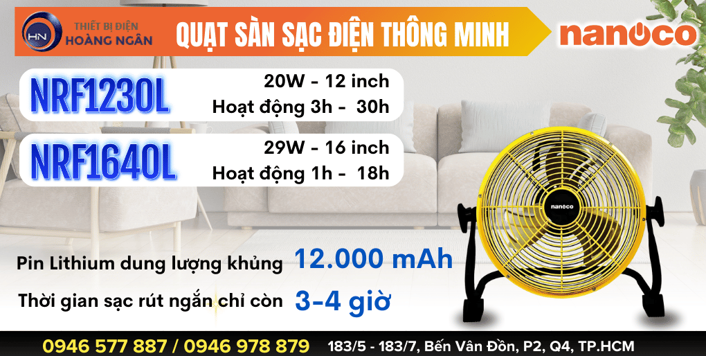 Quạt Sàn Sạc Điện Nanoco NRF1230L, NRF1640L