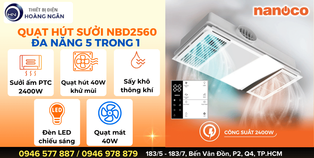 QUẠT SƯỞI ẤM THÔNG GIÓ NBD2560 NANOCO - CÔNG SUẤT SƯỞI ẤM 2400W MẠNH MẼ - KÈM NHIỀU TÍNH NĂNG THÔNG MINH HIỆN ĐẠI