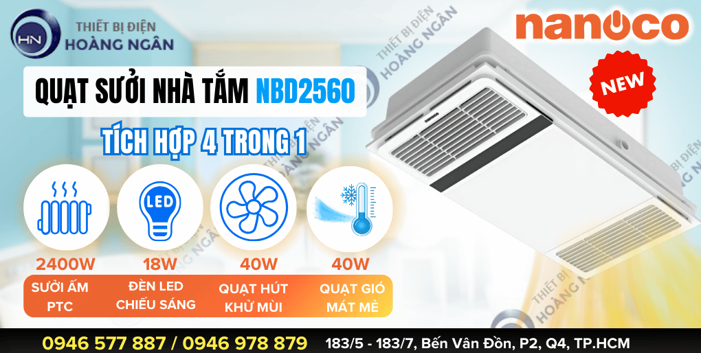 Quạt sưởi nhà tắm âm trần NBD2560 Nanoco công suất lớn 2400W 