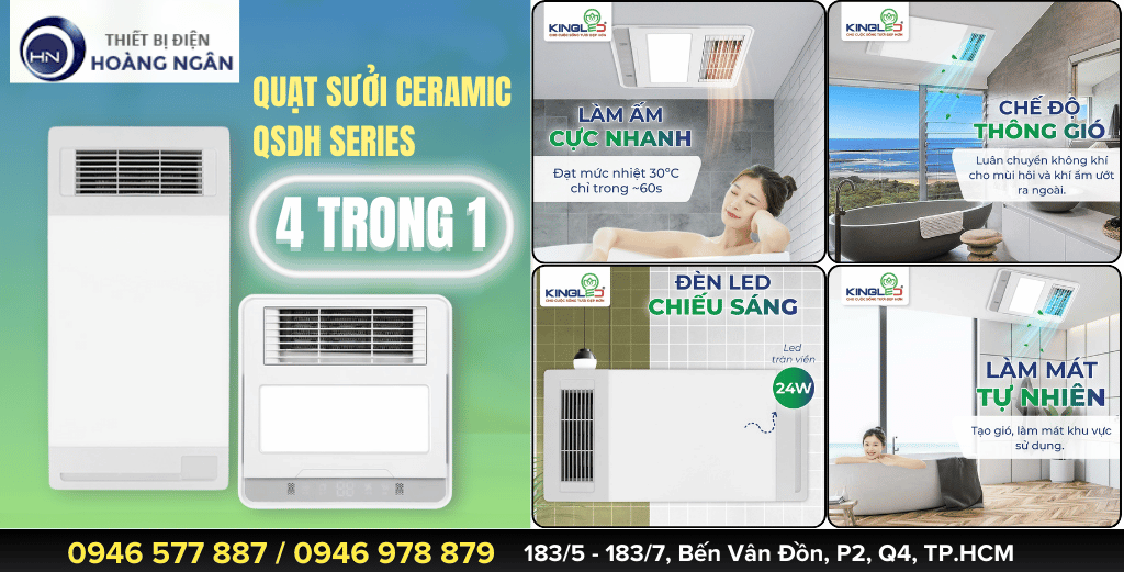 Quạt Sưởi Nhà Tắm Ceramic Có Đèn QSDH Series Kingled 4IN1