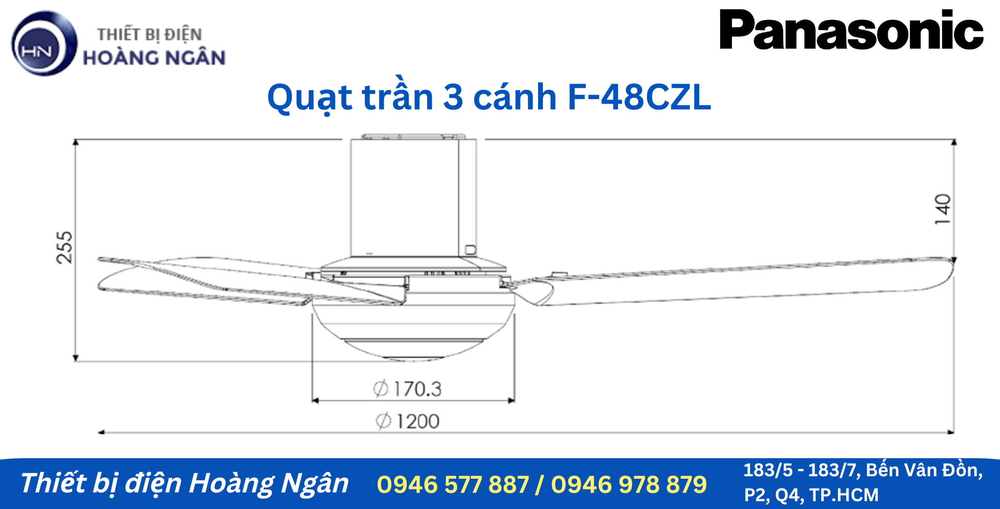 Quạt trần 3 cánh F-48CZL Panasonic có ti ngắn