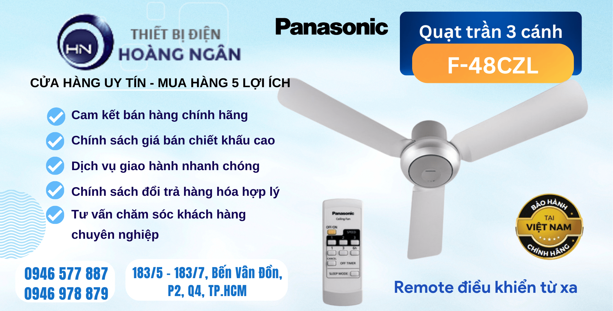 Quạt trần 3 cánh F-48CZL Panasonic có ti ngắn