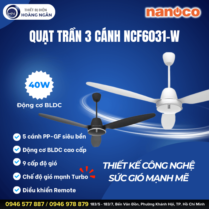 Quạt Trần 3 Cánh Nanoco NCF6031