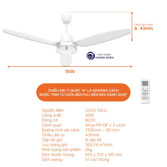 Quạt Trần 3 Cánh Màu Trắng NCF6031-W Nanoco