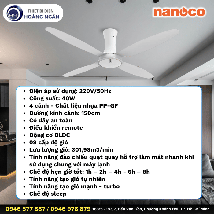 Quạt Trần 4 Cánh NCF6041-W Nanoco