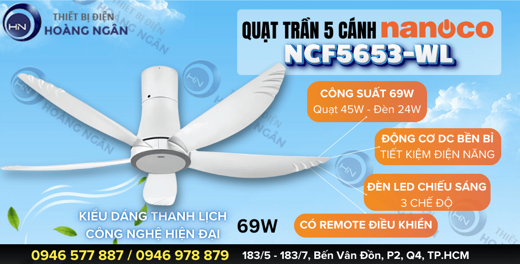 Quạt Trần 5 Cánh Có Đèn LED Nanoco NCF5653-WL