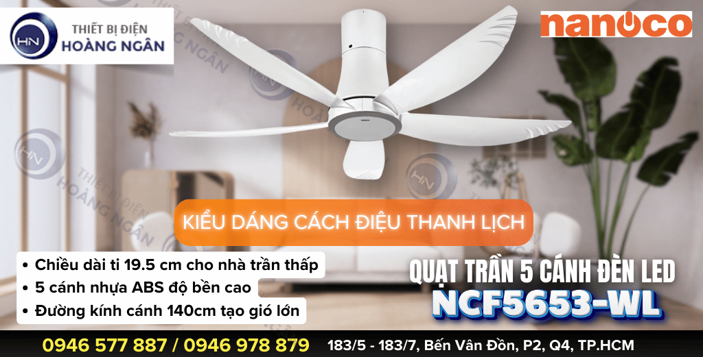 Quạt Trần 5 Cánh Có Đèn LED Nanoco NCF5653-WL