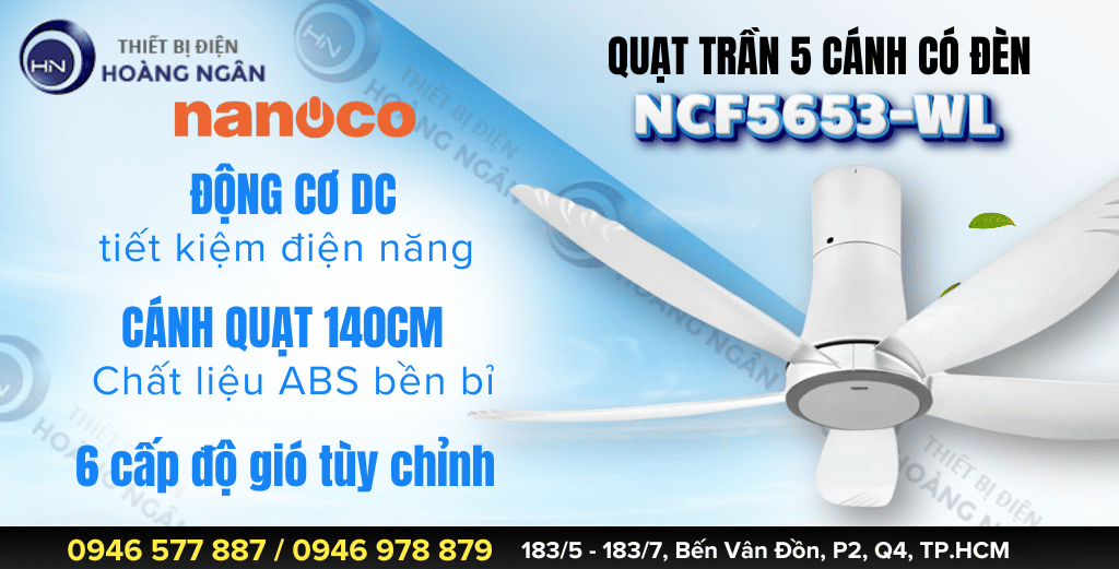 Quạt Trần 5 Cánh Có Đèn LED Nanoco NCF5653-WL động cơ DC tiết kiệm điện năng