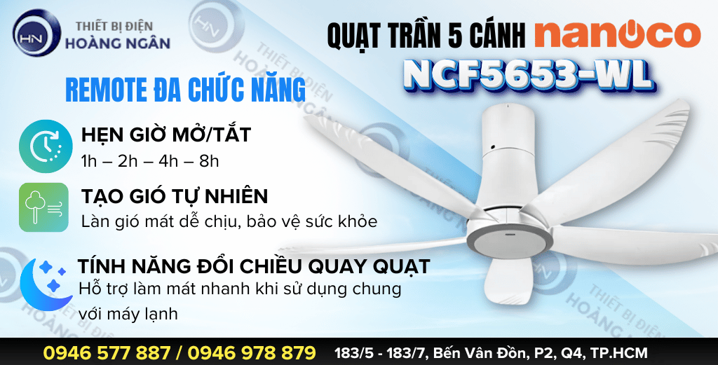 Quạt Trần 5 Cánh Có Đèn LED Nanoco NCF5653-WL Có Remote