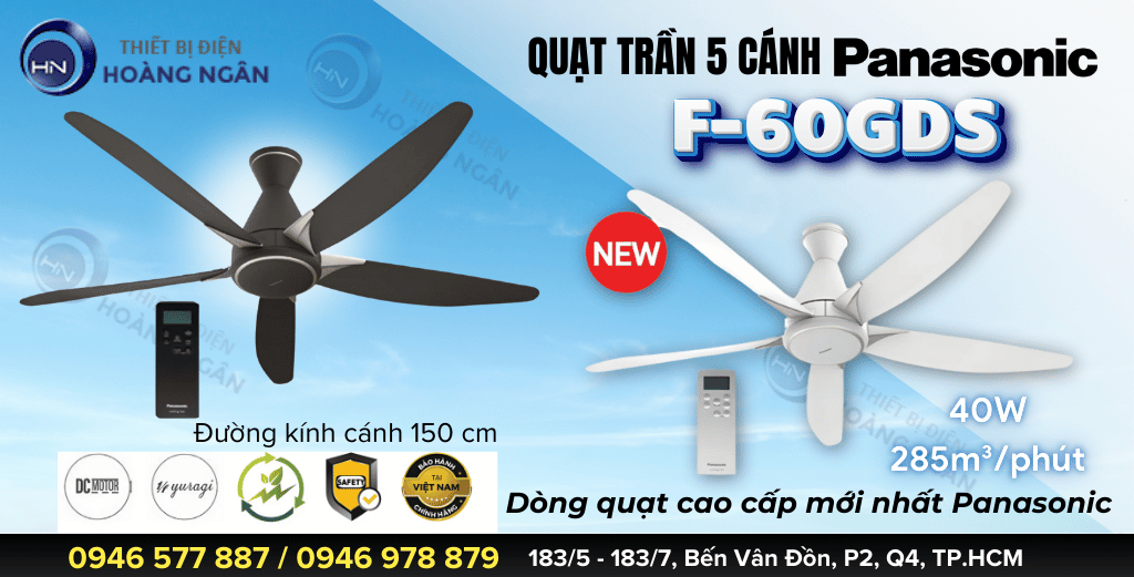 Quạt Trần 5 Cánh Màu Nâu F-60GDS-B Panasonic  Mới 2024 Có Động Cơ DC, 9 Cấp Độ Gió