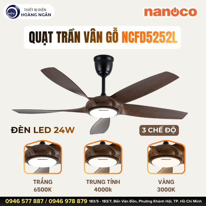 Quạt Trần 5 Cánh Nanoco NCFD5252L