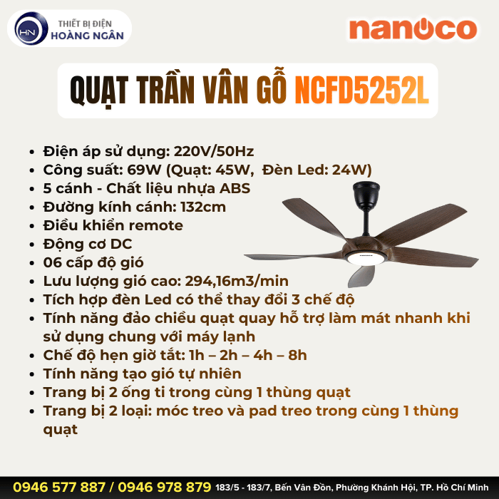 Quạt Trần 5 Cánh Nanoco NCFD5252