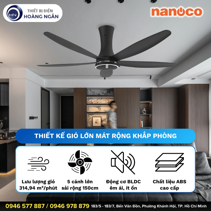 Quạt Trần 5 Cánh NCF6051-K Nanoco Màu Đen