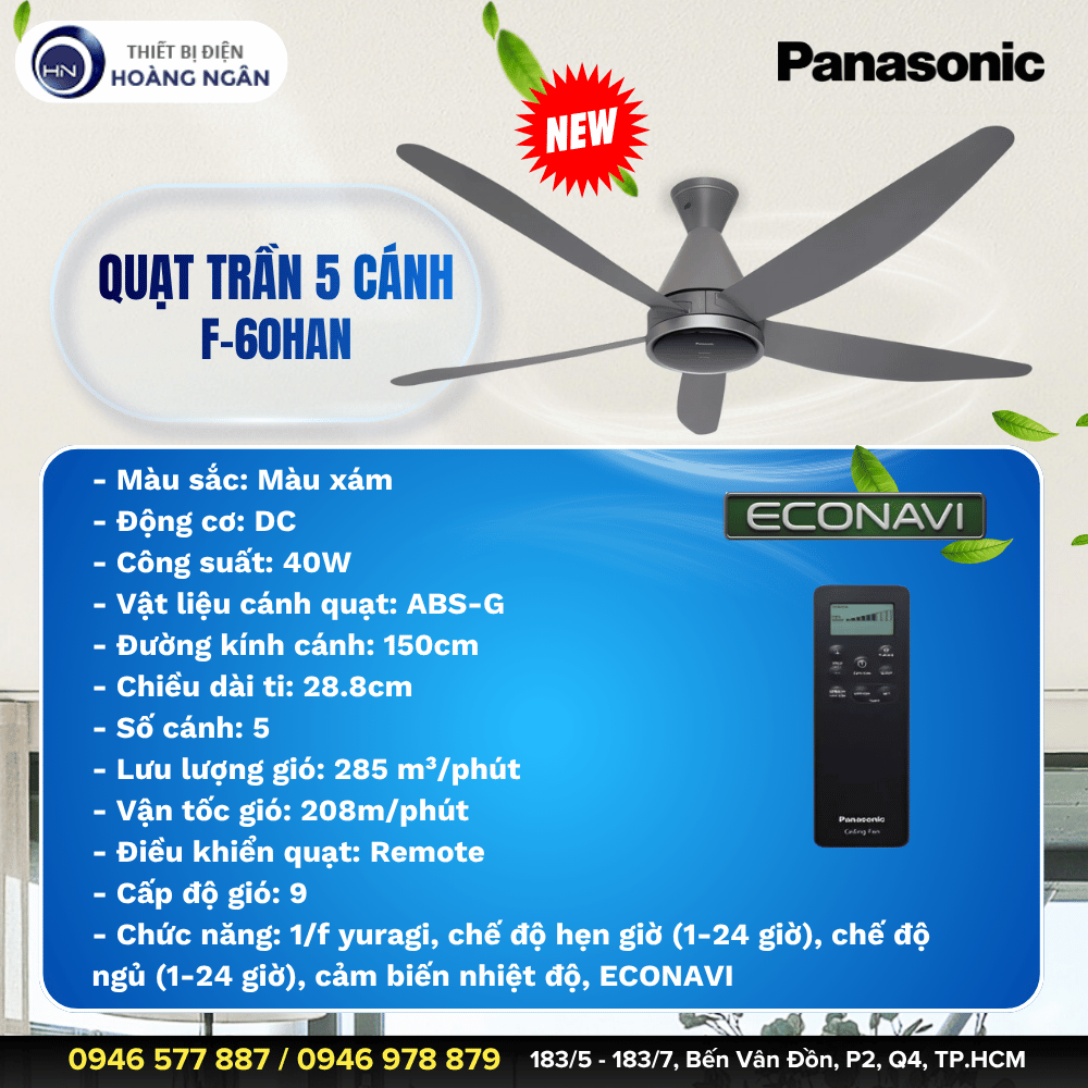Quạt Trần 5 Cánh Panasonic ECONAVI F-60HAN