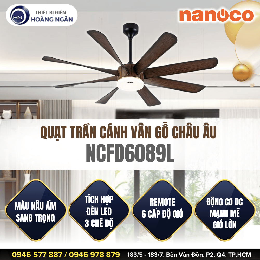 Quạt Trần Cánh Vân Gỗ Nanoco NCFD6089L