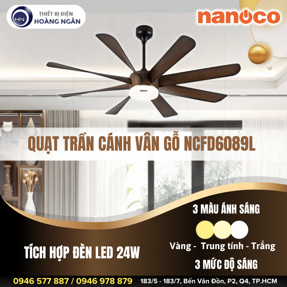 Quạt Trần Cánh Vân Gỗ Nanoco NCFD6089L