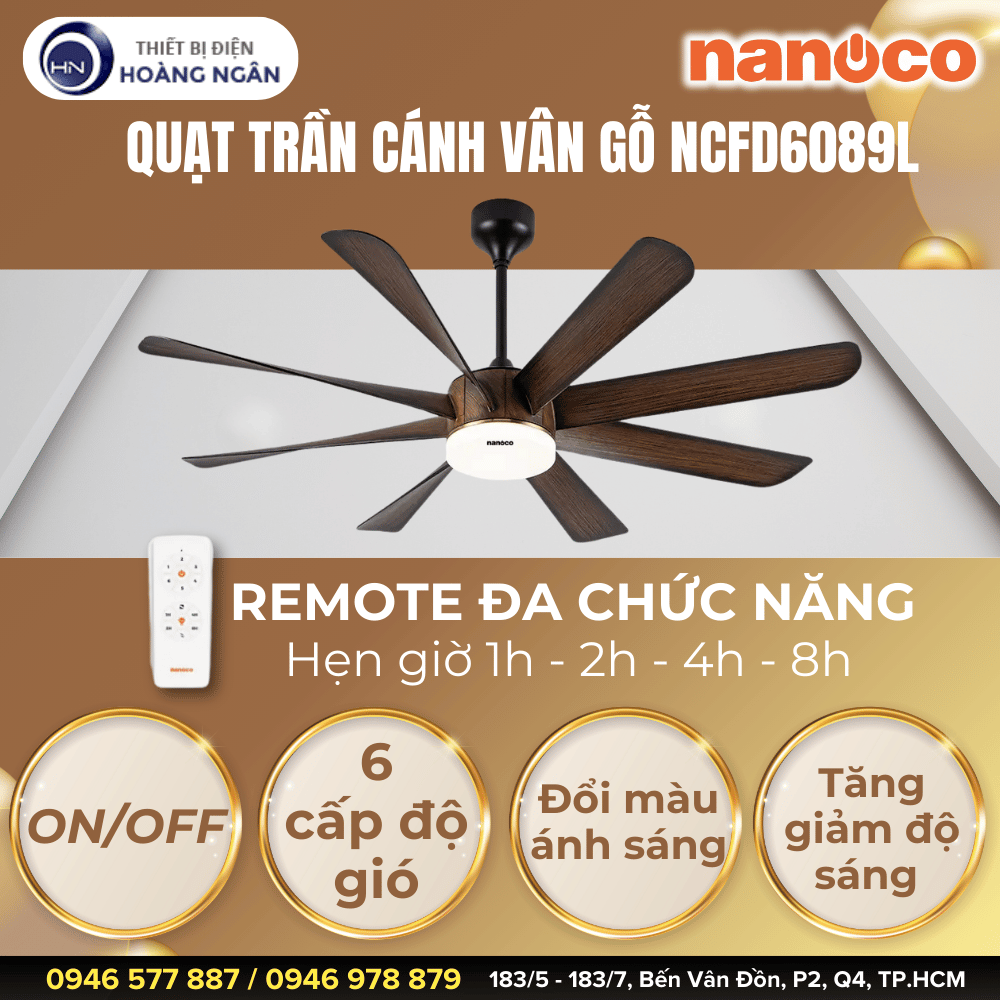 Quạt Trần Cánh Vân Gỗ Nanoco NCFD6089L