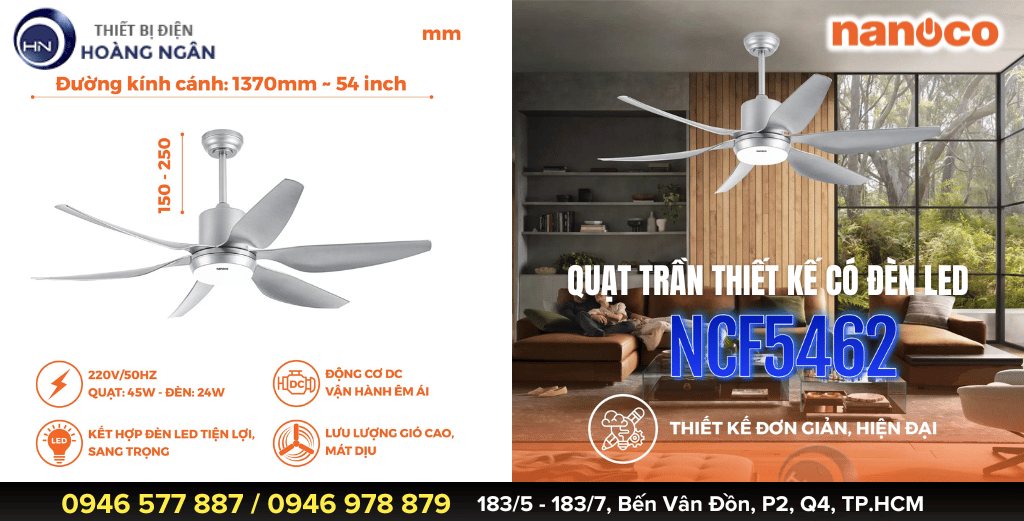 Quạt Trần Có Đèn LED Nanoco NCF5462