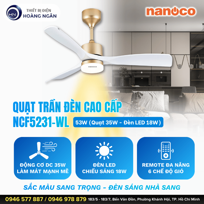 Quạt Trần Đèn 3 Cánh NCF5231-WL Nanoco Màu Trắng