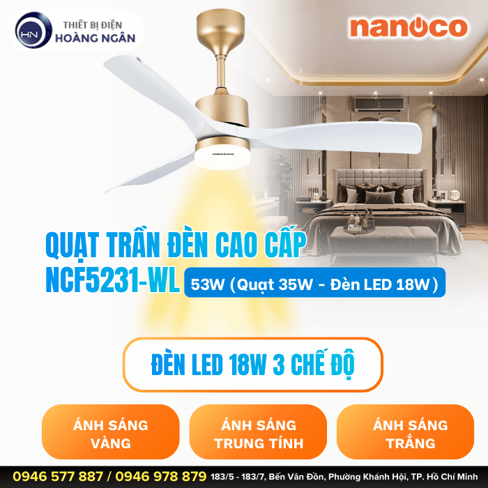 Quạt Trần Đèn 3 Cánh NCF5231-WL Nanoco Màu Trắng