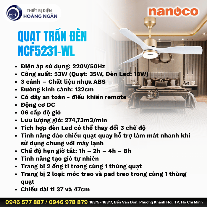 Quạt Trần Đèn 3 Cánh NCF5231-WL Nanoco Màu Trắng
