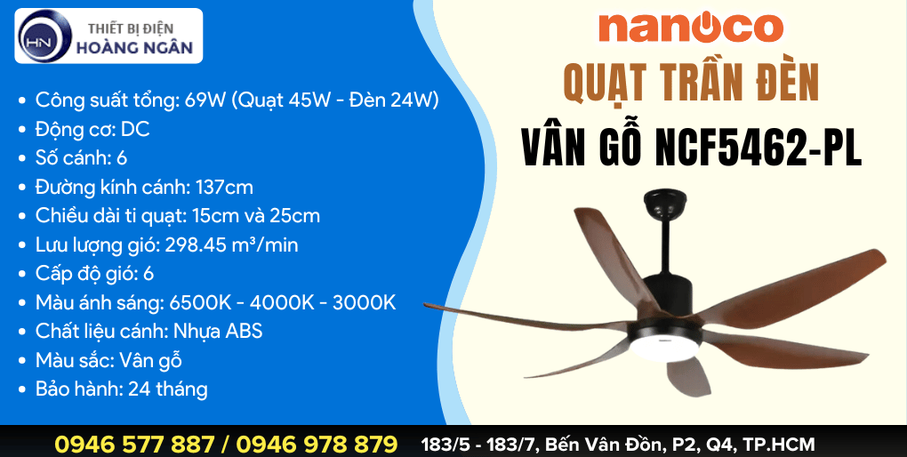 Quạt Trần Đèn 6 Cánh Vân Gỗ Nanoco NCF5462-PL