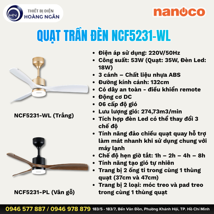 Quạt Trần Đèn Trang Trí Màu Vân Gỗ NCF5231-PL Nanoco